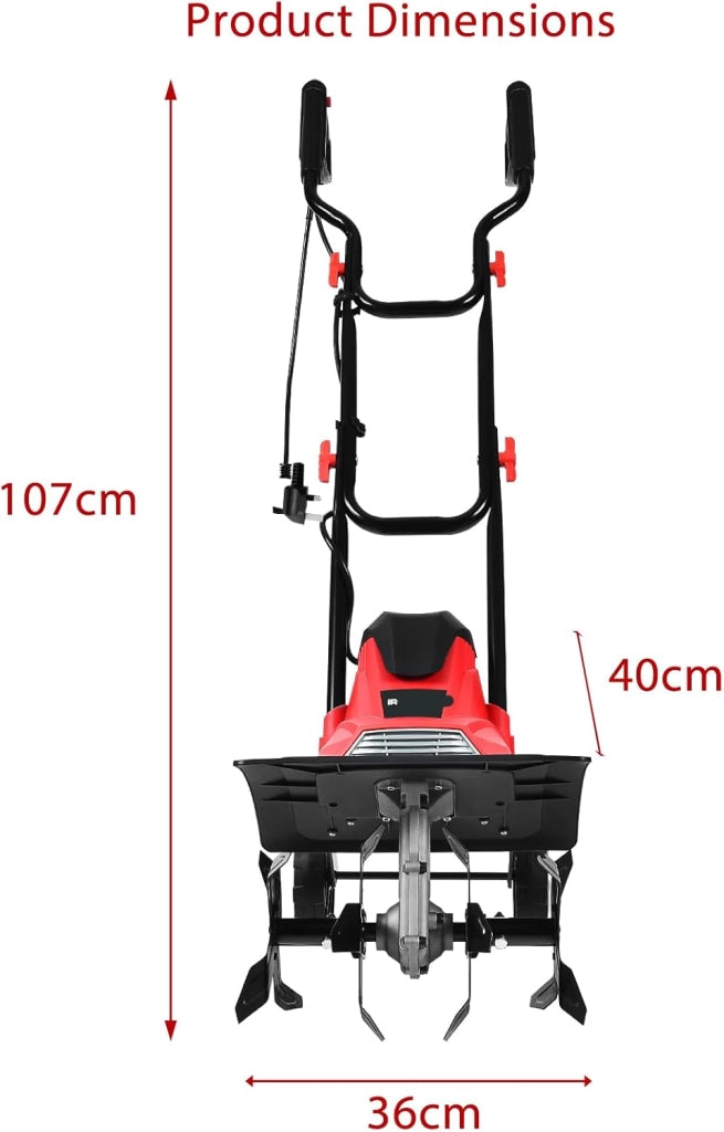 Motozappa Elettrica Pieghevole 1200W, Larghezza di Lavoro 36 cm Profondità di Lavoro 22 cm, 4 Lame, Zappatrice Elettrica per Orto e Giardino (Rosso, 36 x 40 cm, con Ruote)