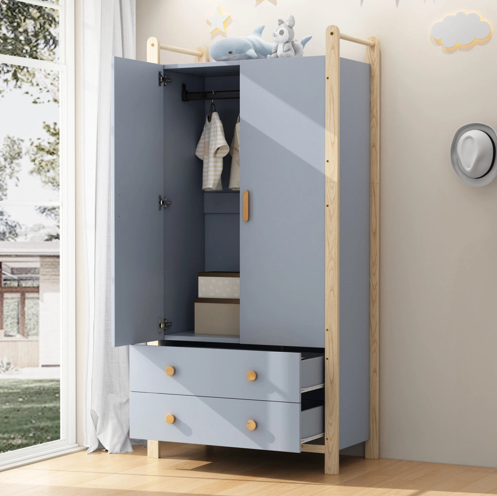Set guardaroba e scaffale blu/naturale con cassetti, 180,5 cm