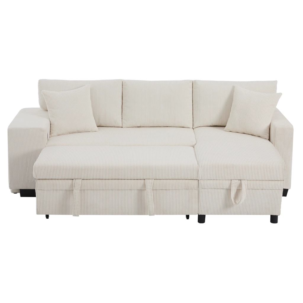 Divano Angolare Convertibile 3 Posti con Vano Contenitore, USB e Type-C, Cuscini, in Velluto a Coste Beige 231 × 131.5 × 84 cm