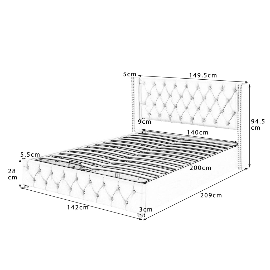 Letto Contenitore Matrimoniale 140 x 200 cm; 2 Posti; con Rete a Doghe in Velluto Beige