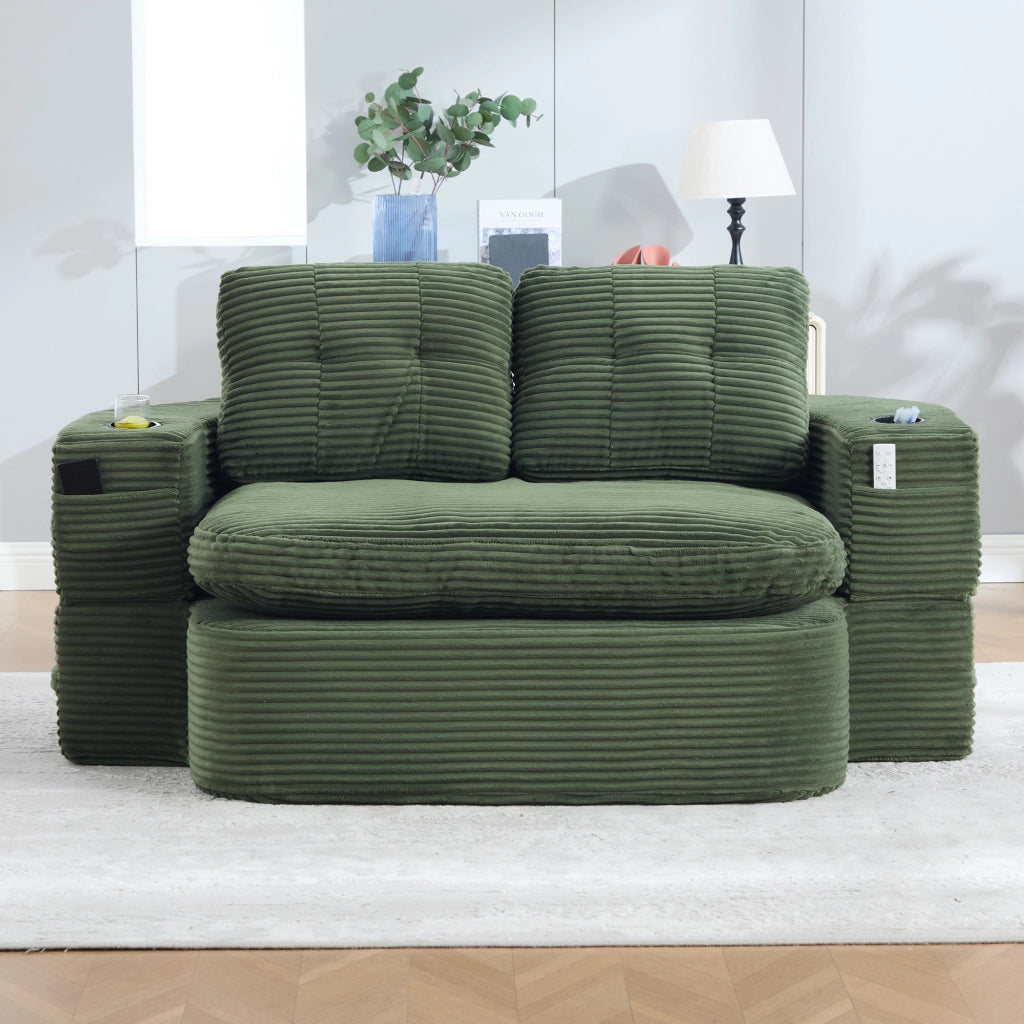 POLTRONA 2 in 1 trasformabile in chaise longue velluto a coste smeraldo con 2 portabicchieri