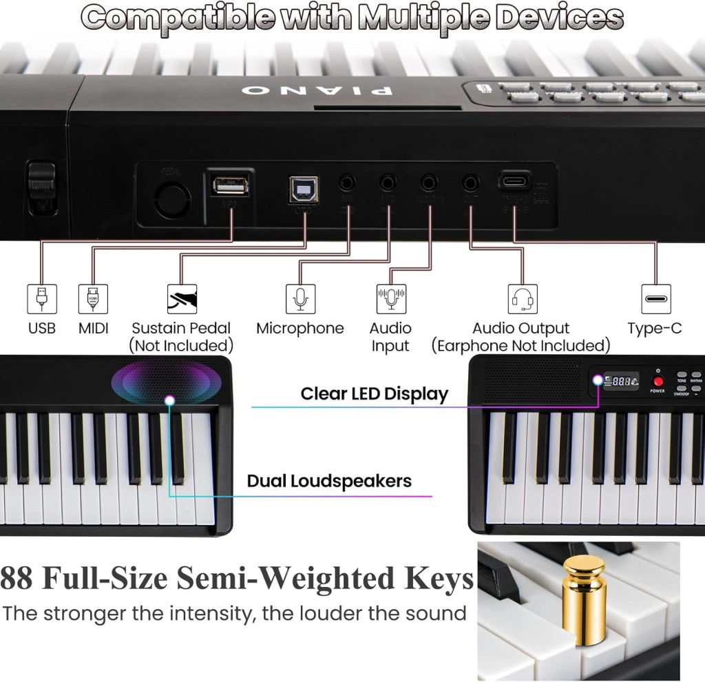 Pianoforte Digitale 88 Tasti Pieghevole, con MIDI Wireless, Altoparlanti Doppii, 1000 Timbri E Ritmi, Tastiera Elettronica Semi-Pesato, Pianola Facile da Trasportare con Borsa (Nero)