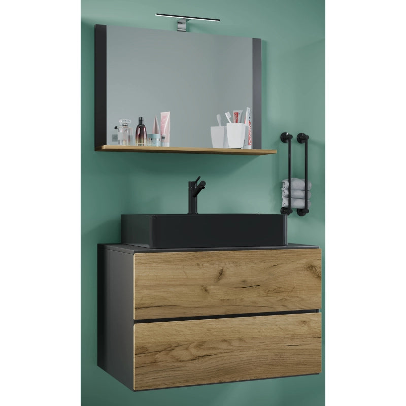 Luce Mobile Sospeso con 2 cassetti XL con lavabo nero nero in ceramica di alta qualità e specchio, Antracite/Rovere