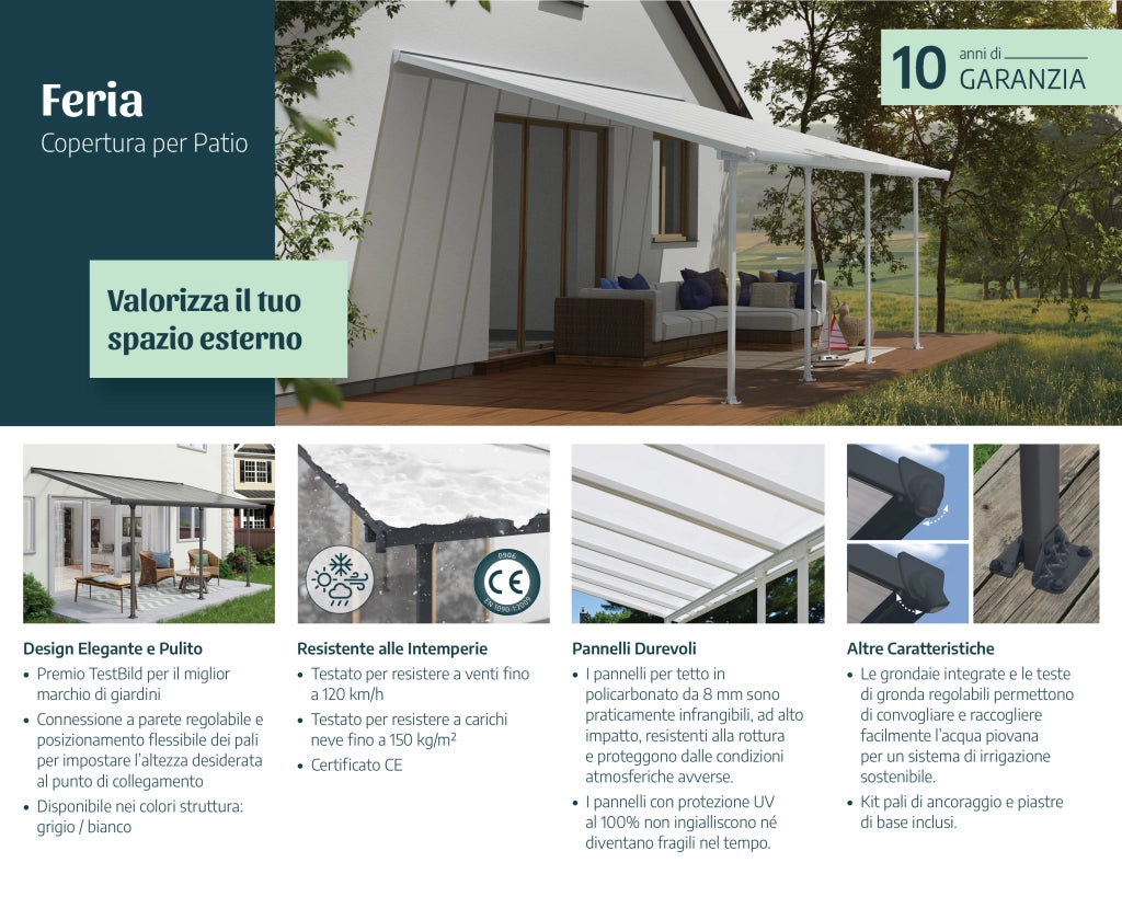 Pergola Addossata in Alluminio  3X12.2 m colore Grigio - Canopia Feria