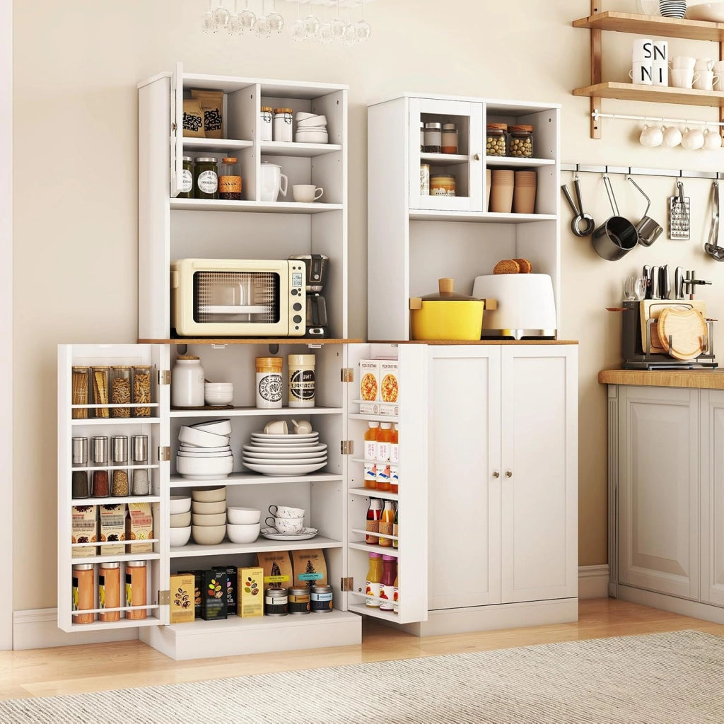 Credenza Alta da Cucina 170 cm con Ripiani Regolabili, Fori per Cavi, Porta in Vetro Temperato, Mobile Buffet per Soggiorno, Sala da Pranzo, 60 x 35 x 170 cm, Bianco