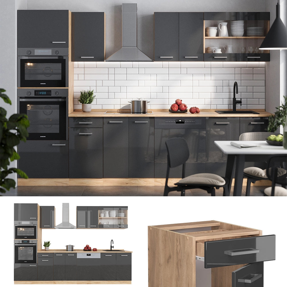 Cucina componibile R-Line Antracite lucido/Rovere dorato 300 cm con armadio alto, PL Marmo Vicco
