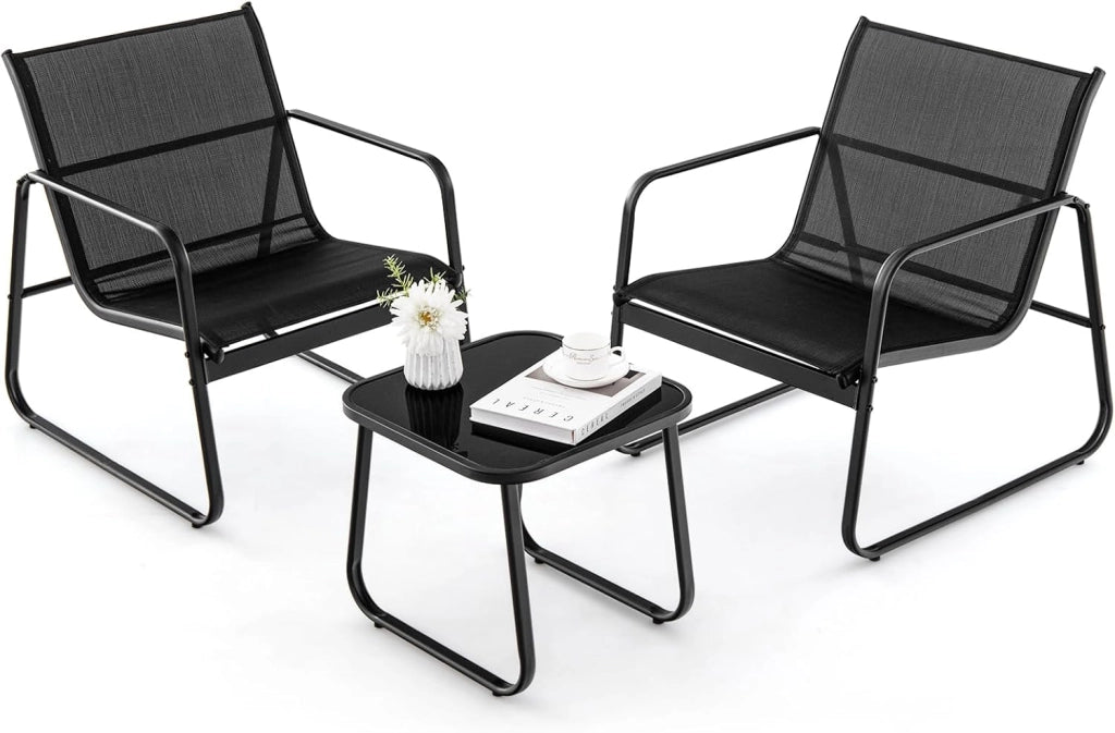 Set Tavolino e Sedie da Giardino, Set Bistrò 3 Pezzi, Set da Giardino in Metallo e Tessuto Textilene, Tavolino in Vetro Temperato, per Giardino, Cortile, Bordo Piscina (Nero)