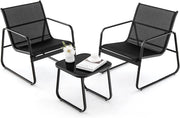 Set Tavolino e Sedie da Giardino, Set Bistrò 3 Pezzi, Set da Giardino in Metallo e Tessuto Textilene, Tavolino in Vetro Temperato, per Giardino, Cortile, Bordo Piscina (Nero)