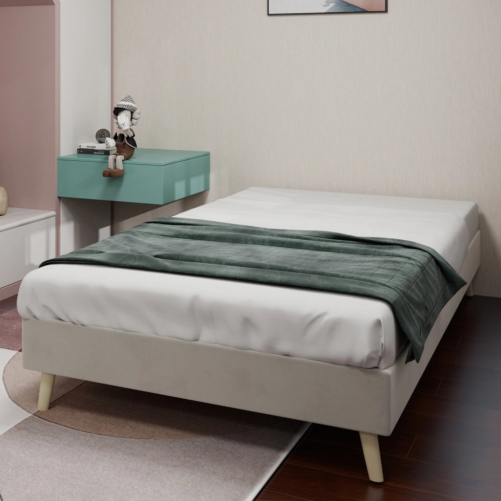 Letto Singolo 90x200 cm con Struttura in Metallo e Tessuto; Design Basso - Beige