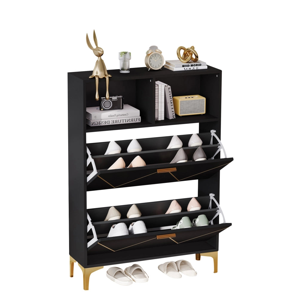 Mobile scarpiera da ingresso 80 x 25 x 117 cm in MDF nero con 2 ante ribaltabili e 2 ripiani aperti