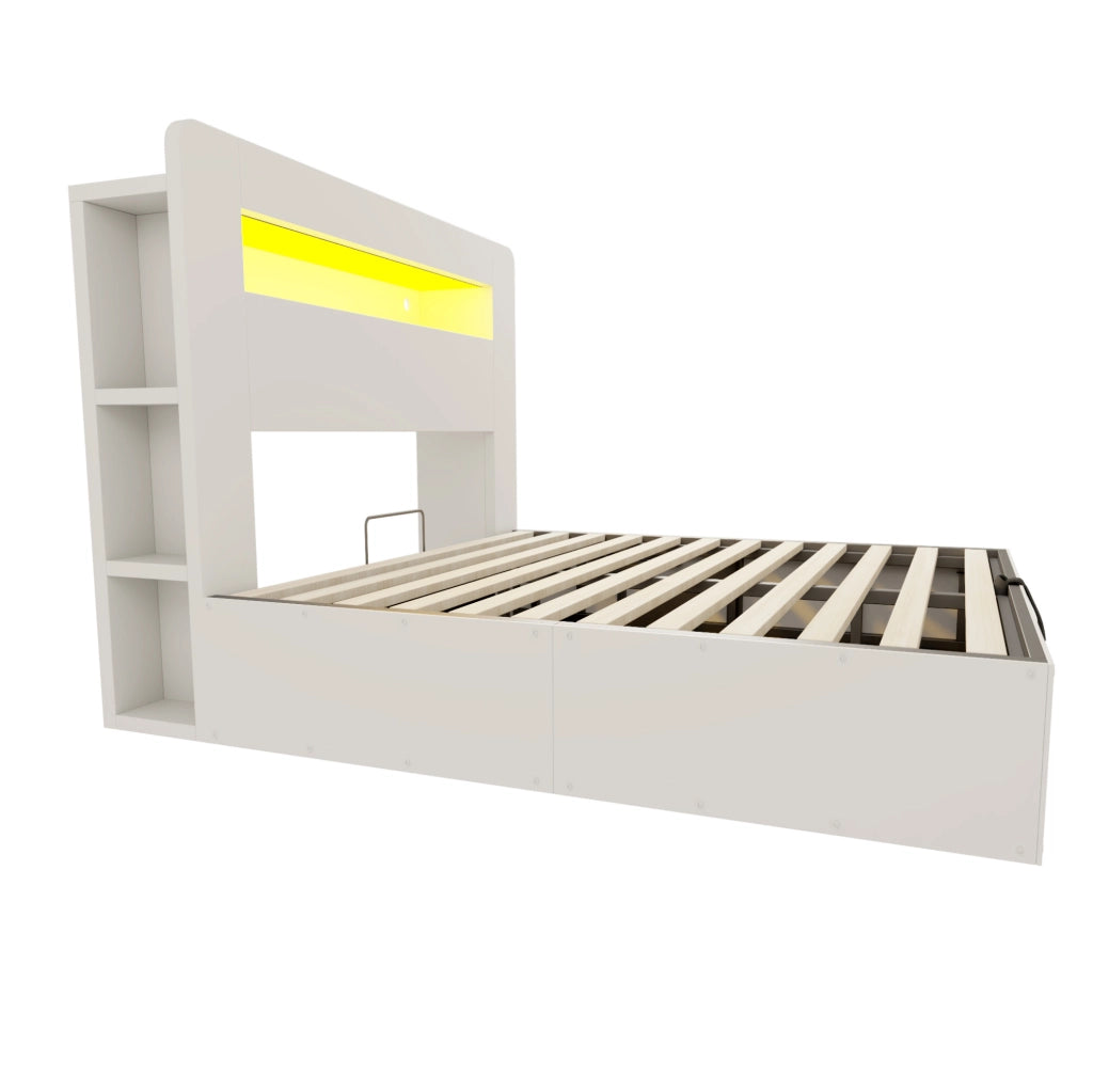 Letto contenitore 140x200 cm in legno con LED, prese integrate e testiera con vani