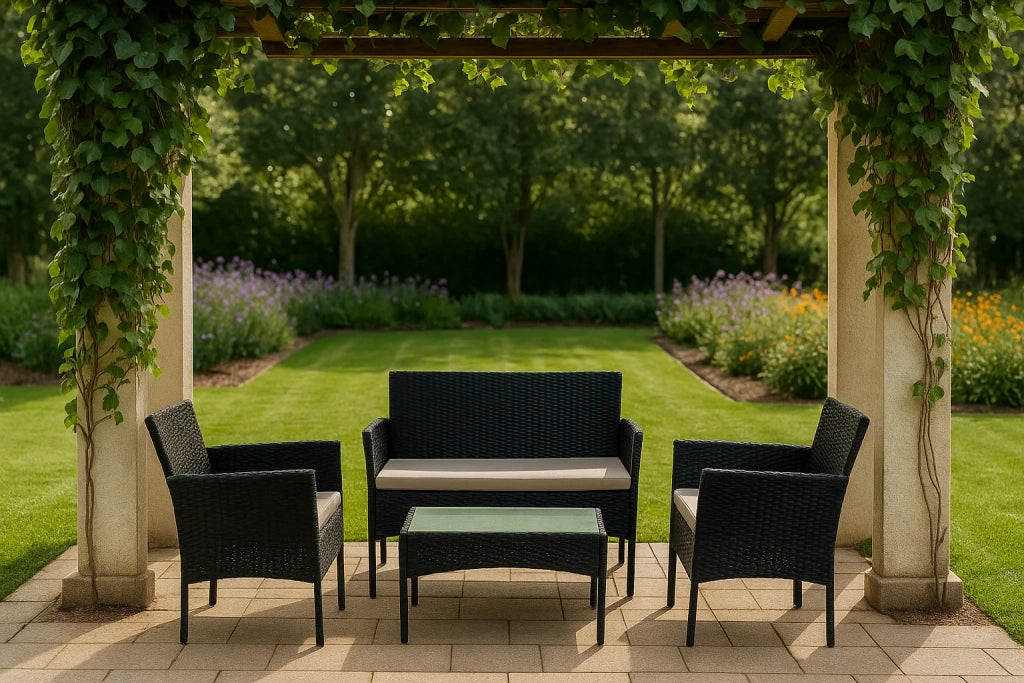 Set salotto da giardino Nivo in rattan sintetico, divano + 2 poltrone + tavolino con top in vetro