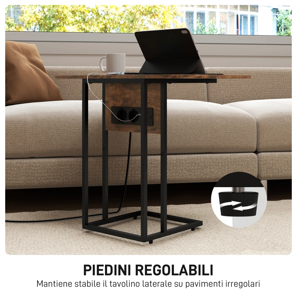 Tavolino da Salotto a C Espandibile 39x29x57 cm con 2 Stazioni di Ricarica in Legno e Metallo Nero e Marrone
