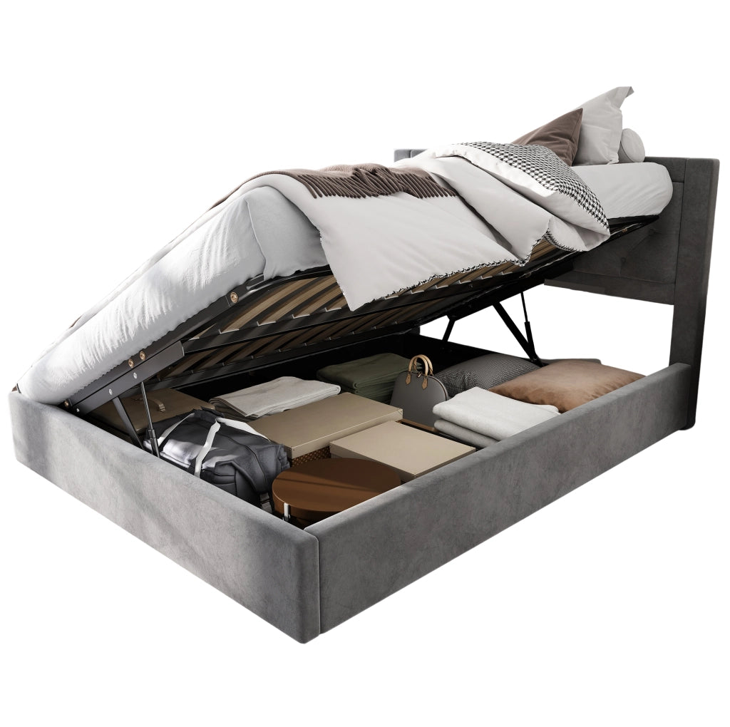 Letto imbottito con contenitore 140x200 cm in velluto grigio; struttura in acciaio