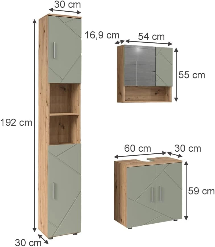 Set di mobili da bagno Irma, Verde salvia, 60 cm, composto da mobile sottolavabo, specchiera e colonna alta