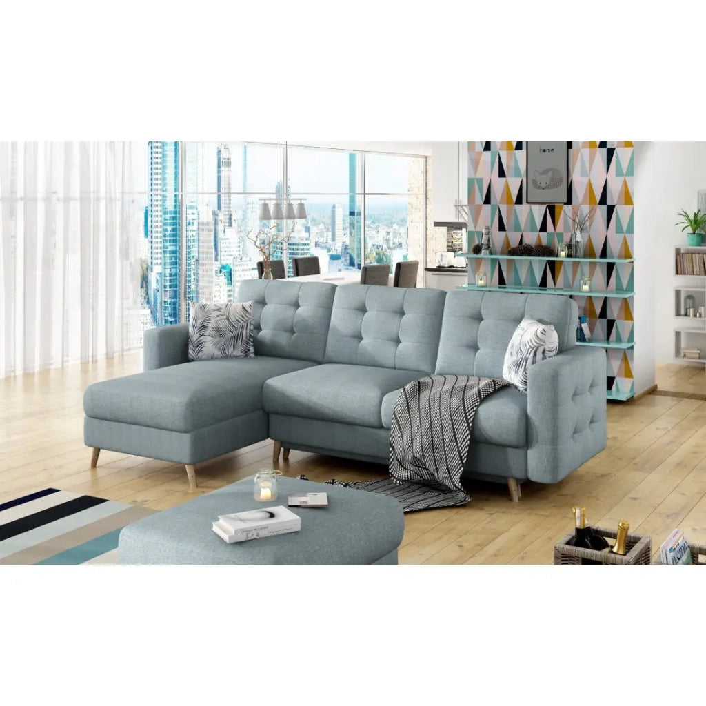 Divano angolare convertibile HASGARD 3 posti blu 248x162 cm – con vano contenitore e piedi in legno
