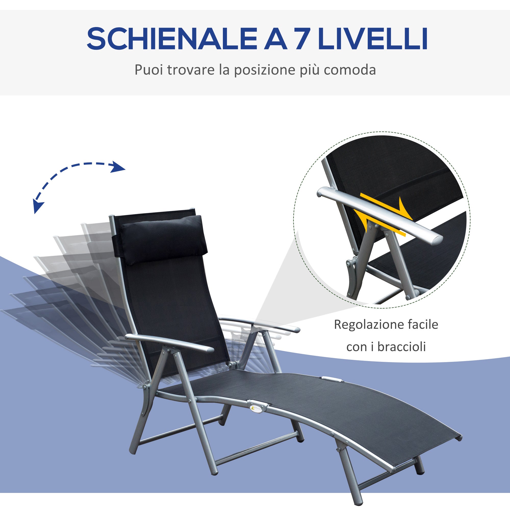 Sdraio Prendisole Relax Reclinabile Pieghevole in Metallo 137x63.5x100.5 cm Nero