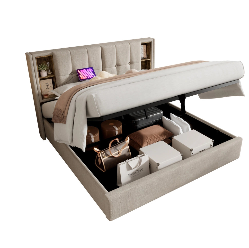 Letto imbottito 160 x 200 cm con ricarica wireless, vano contenitore e materasso