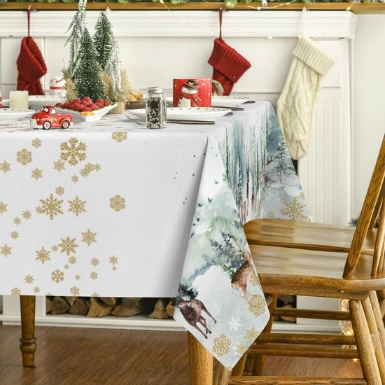Tappeto da tavola per Natale, 100 x 140 cm, neve dorata, cervo, tappeto da tavola per festa, picnic, cena, decorazione