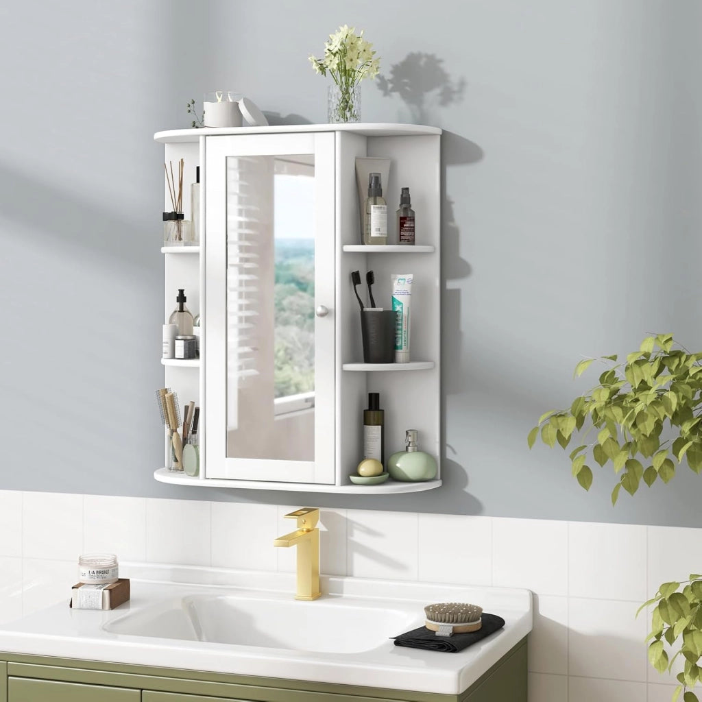 Armadietto Bagno a Parete, Mobiletto Pensile con Ante di Specchio, 6 Scomparti Laterali, 2 Colori Disponibili, 60x16,5x70 cm