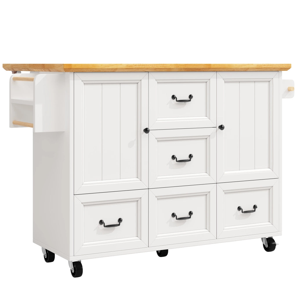 Isola da cucina mobile - Zephmum - 120x73x93 cm - Bianco/Nero - Carrello estraibile, ripiani regolabili, due ante, cinque cassetti