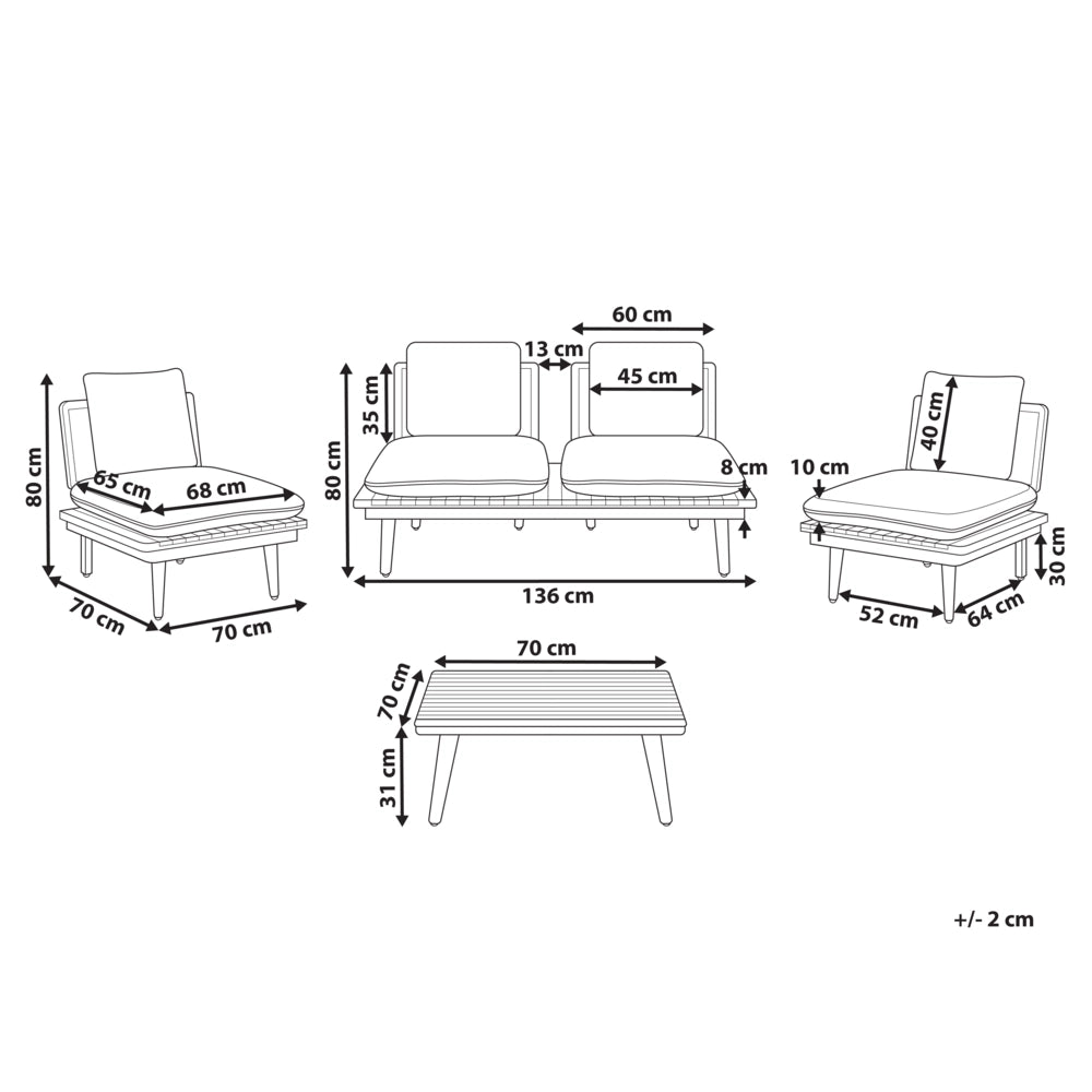Set da giardino 5 pezzi Legno chiaro con cuscini beige chiaro Divano Poltrona Tavolino 4 posti Set da conversazione Boho