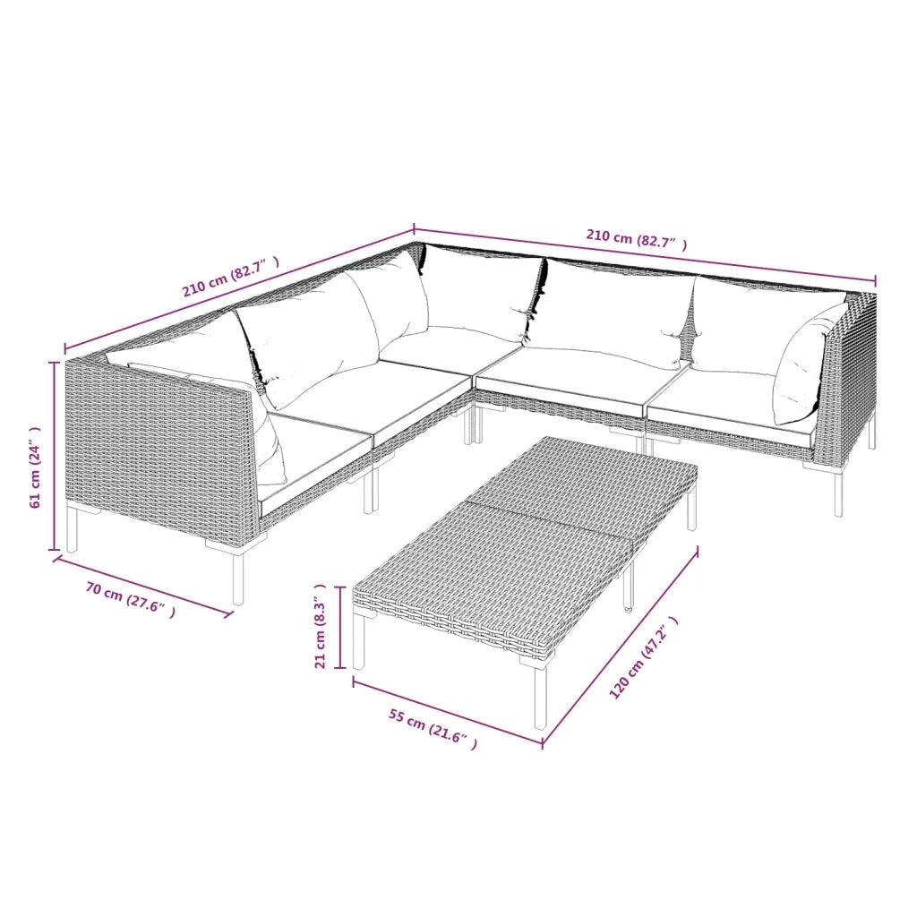 Divani da Giardino 6 pz con Cuscini in Polyrattan Grigio Scuro 3099841