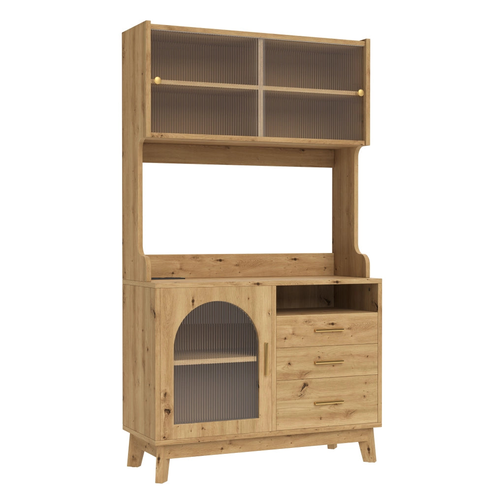 Credenza alta da soggiorno con ampia capacità, prese integrate e frontale in acrilico effetto onda, 100,5×40×178 cm, colore legno