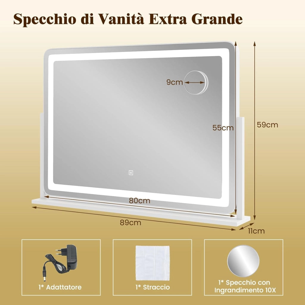 Speechio da Trucco con Luci Regolabile in Luminosità e a 3 Colori, Specchio da Tavolo con Specchio Ingrendimento 10X, Specchio da Trucco a Rotazione, 80 x 55 cm, Bianco