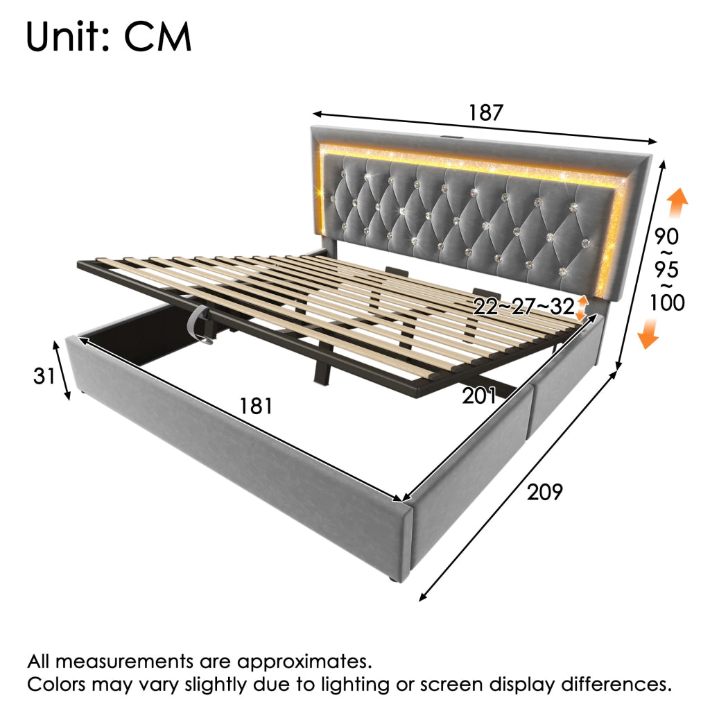 Letto con contenitore 180x200 cm in velluto grigio, LED, USB e USB-C