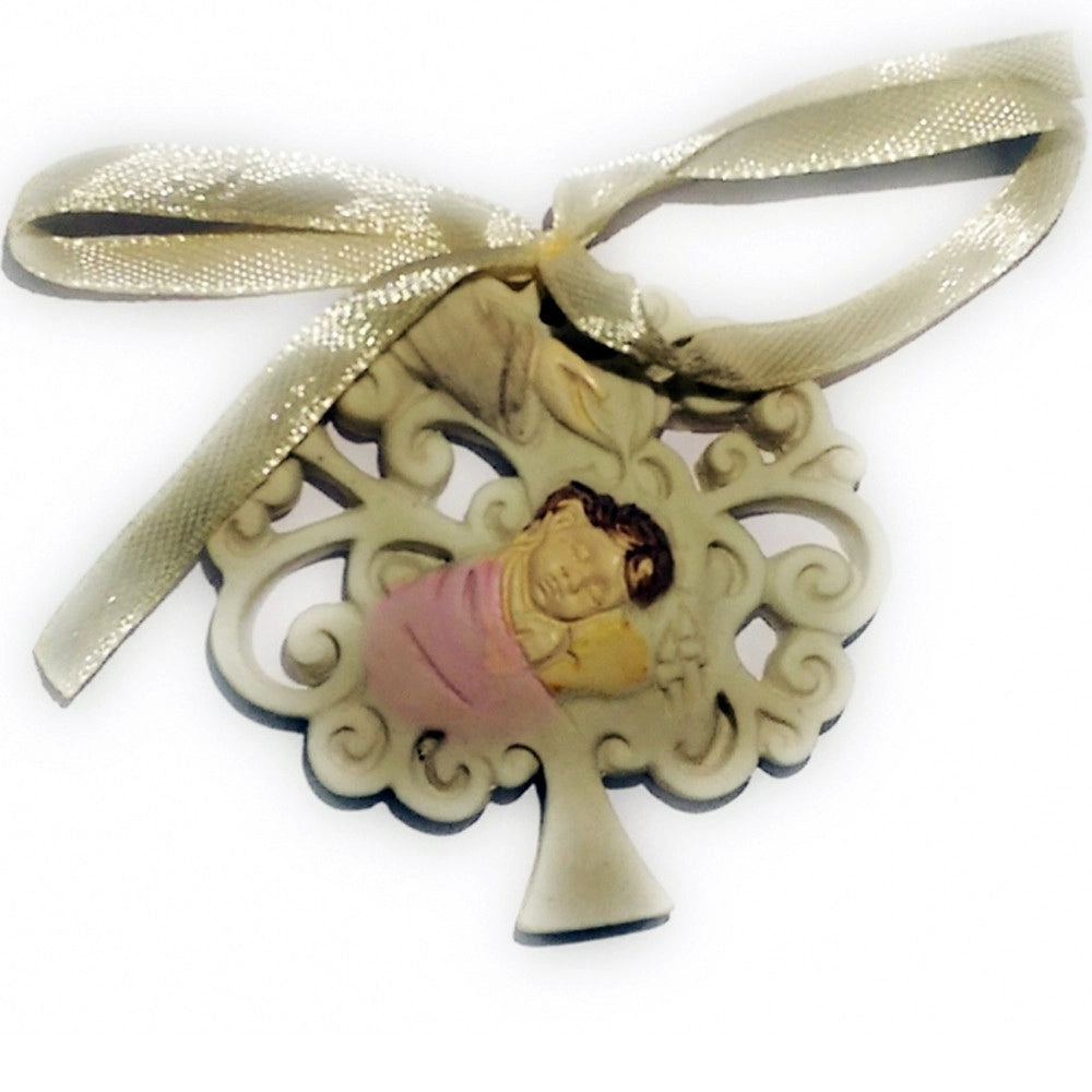 Trade Shop - Bomboniere X Battesimo Bambina Albero Della Vita Acqua Santa Ceramica Appendino -