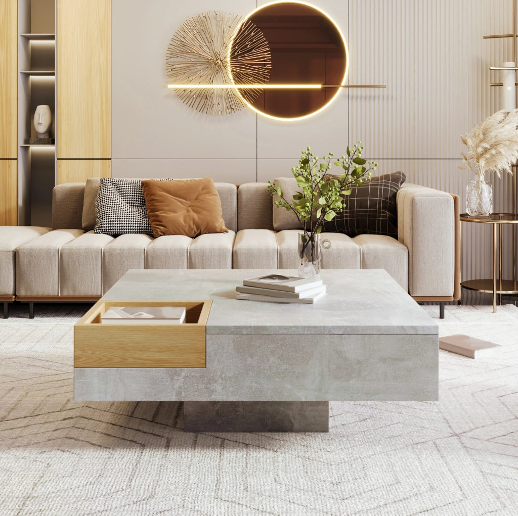 Tavolino da caffè 72x72x30 cm grigio cemento con box contenitore estraibile