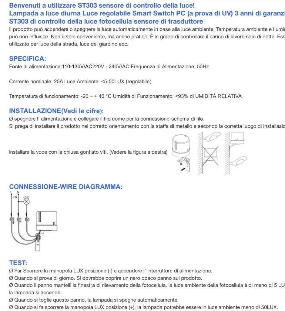 Sensore crepuscolare per lampade faretti 25A interno esterno interruttore IP44