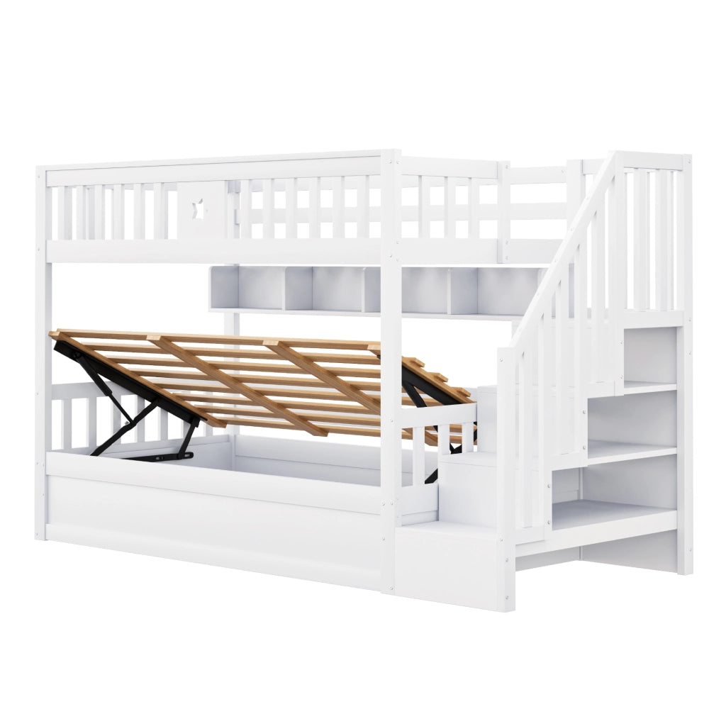 Letto a Castello 90x200 cm; Contenitore; Libreria; Scala con vani; in Legno; Bianco