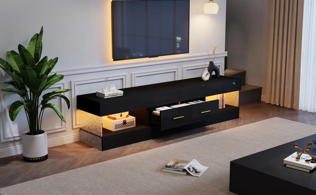 Mobile TV con LED, 152 x 35 x 40 cm, nero lucido con cassetti e vani a giorno