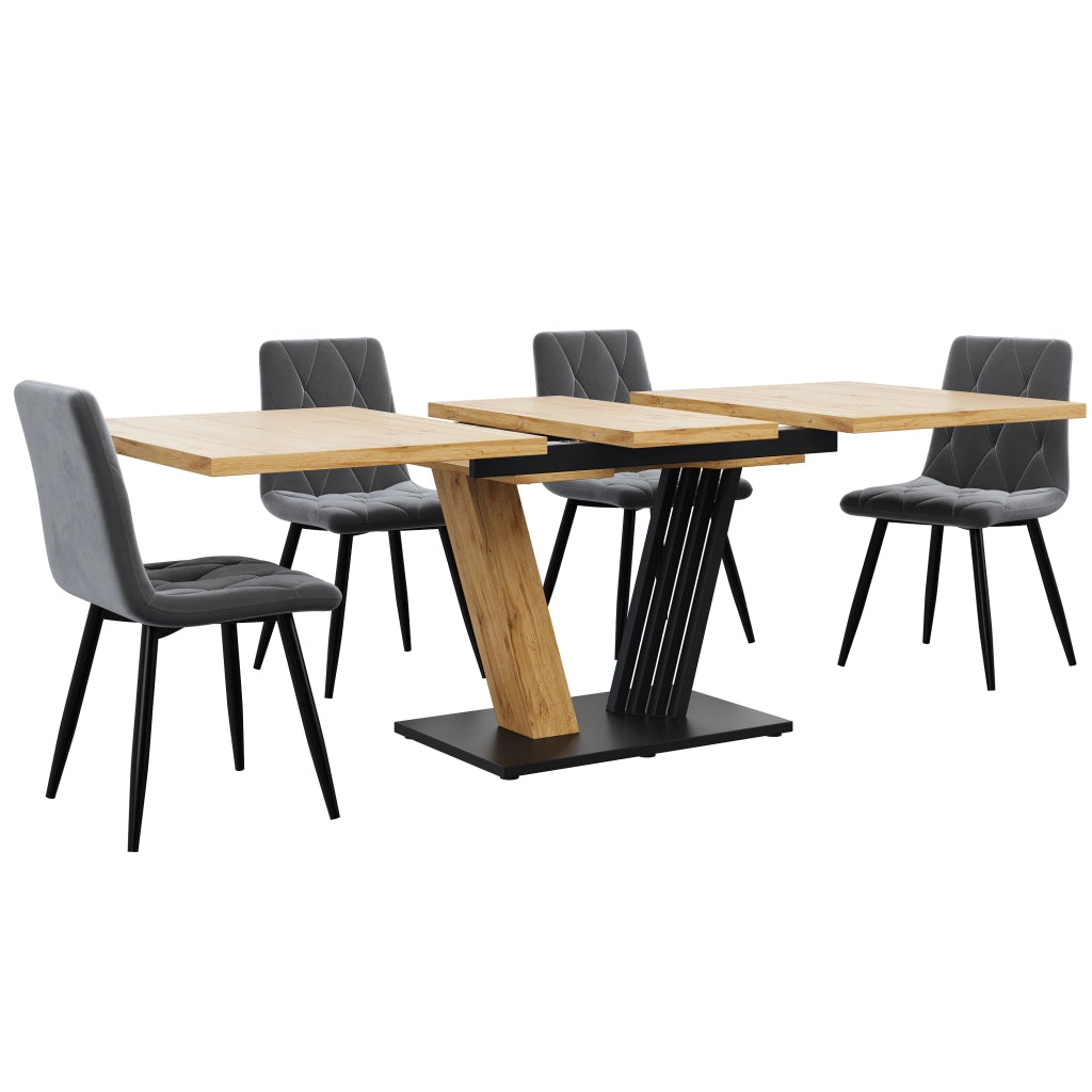 Tavolo da pranzo allungabile con 4 sedie in velluto, piano in MDF e gambe in metallo, per sala da pranzo, grigio