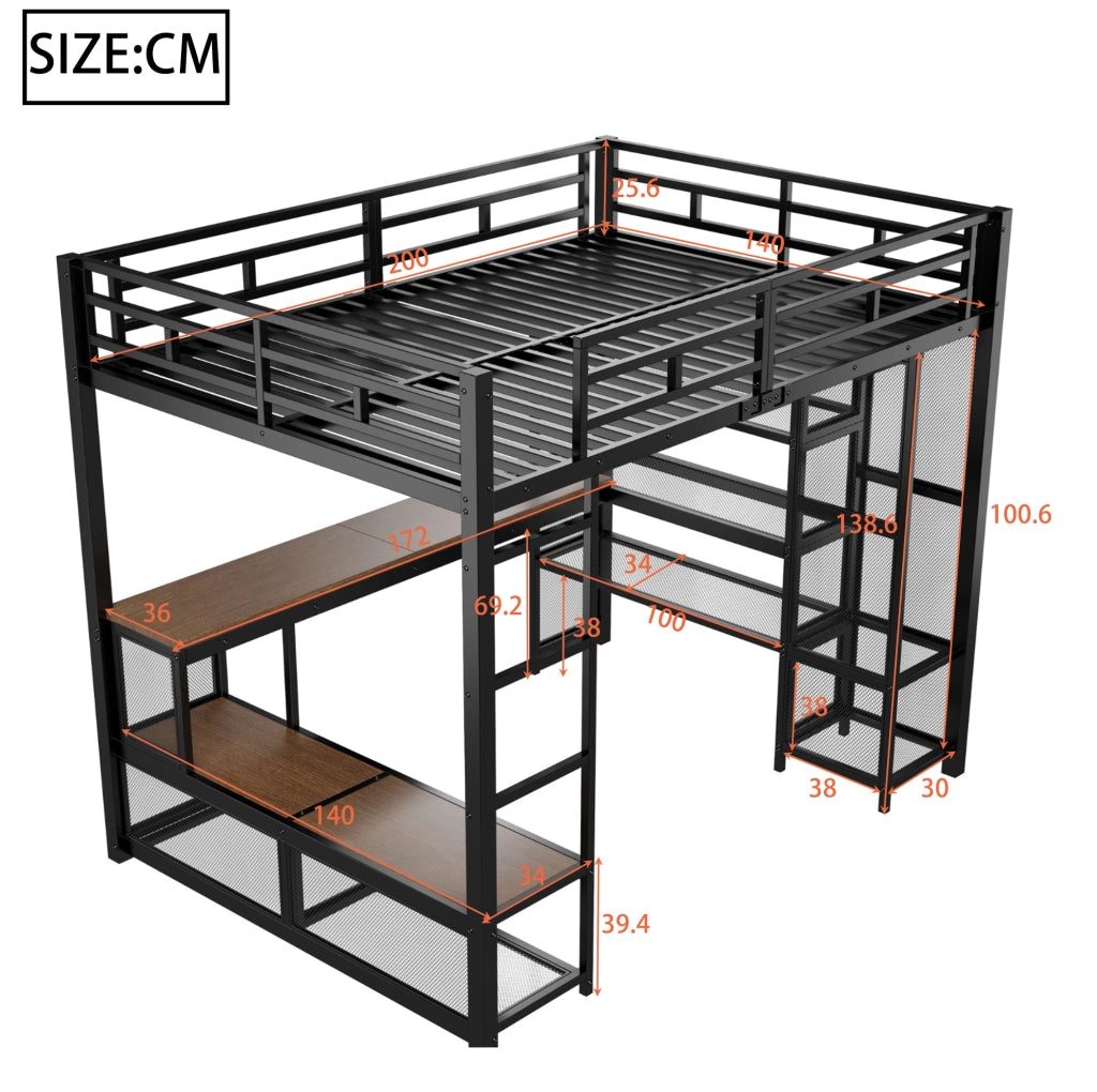 Letto a soppalco 140x200 cm con scrivania, LED e armadio aperto