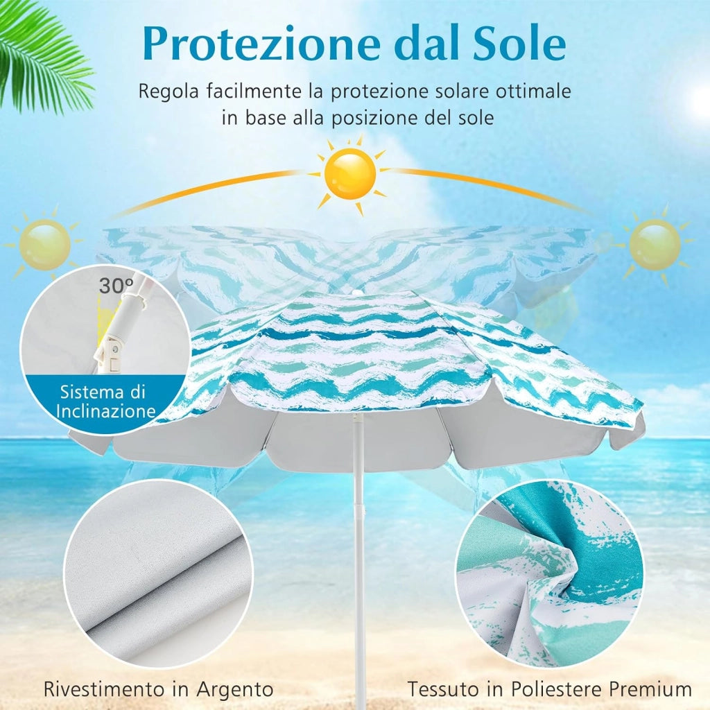 Set da Spiaggia di 4 Pezzi con Ombrellone, 2 Sedie Pieghevoli, Coperta da Picnic, Parasole Portatile per Esterni con Meccanismo di Inclinazione, Portabicchieri, Braccioli