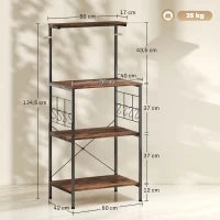 Ripiano da Cucina a 4 livelli, con Piano di Lavoro e 8 Ganci, Marrone e Nero
