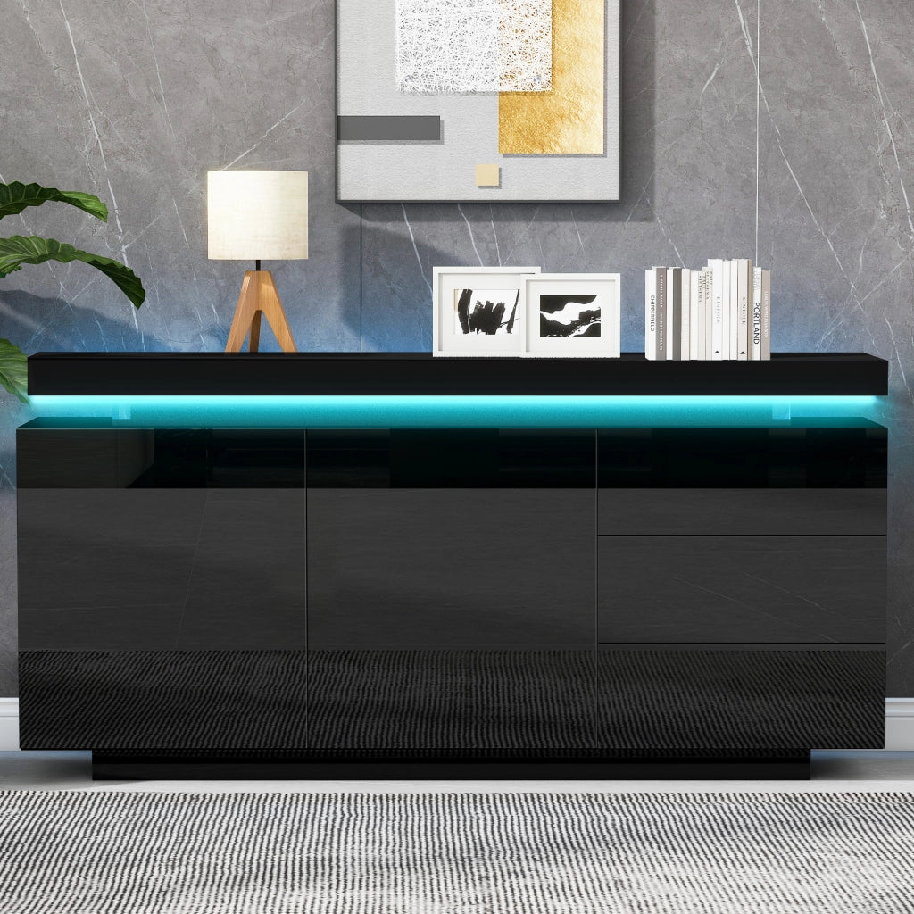 Credenza con 2 ante e 3 cassetti; illuminazione LED - per soggiorno - 140x35x72.5 cm - nera
