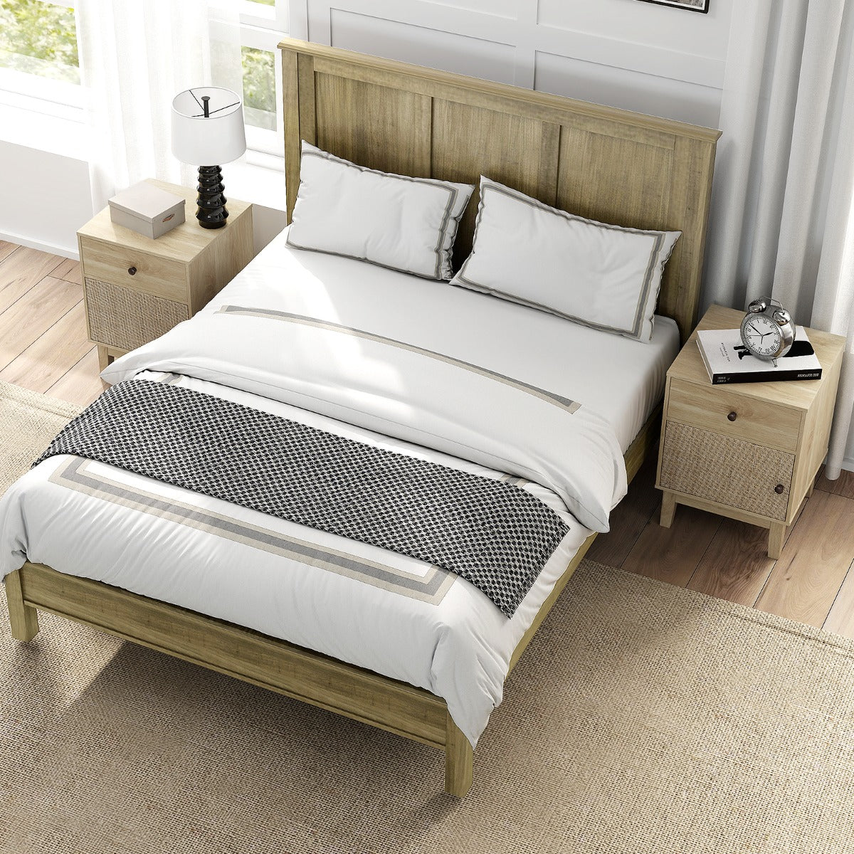 Comodino in rattan stile medievale con cassetto e armadietto, Tavolino boho con gambe in legno Naturale-Comodini