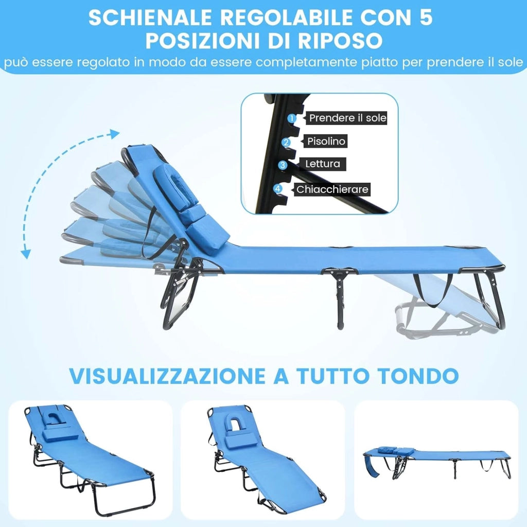 Lettino Pieghevole Spiaggia, Lettino Sdraio da Mare con Foro per il Viso e 3 Cuscini Rimovibili, Schienale Regolabile 5 Posizioni, Lettino Prendisole da Campeggio, Portata 160kg (1, Blu)