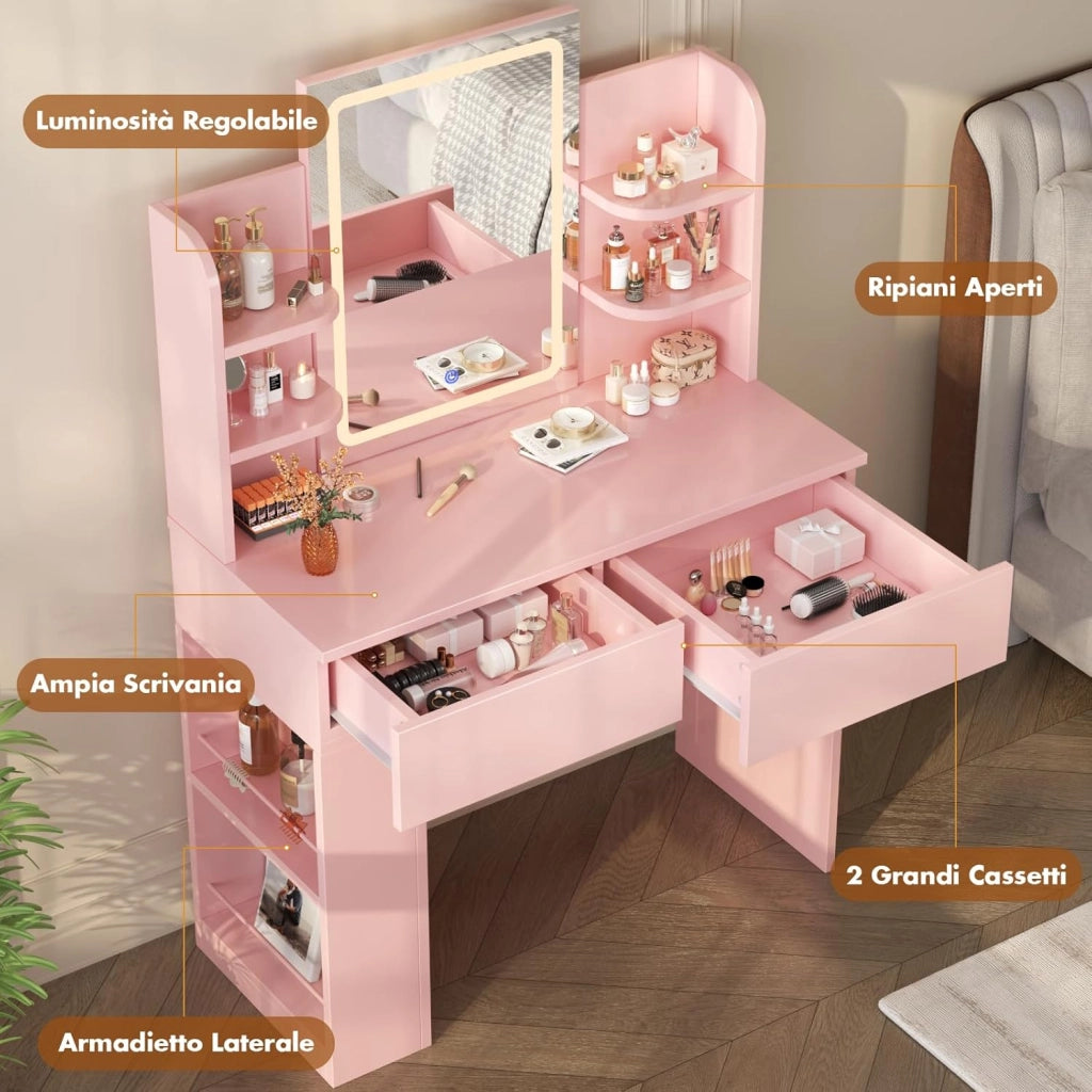 Toeletta Trucco con Luci LED 3 con Luminosità Regolabile,Tavolo da Trucco con Specchio, Ripiani Regolabili, 2 Cassetti, in Legno,Moderno (Rosa, 90cm)
