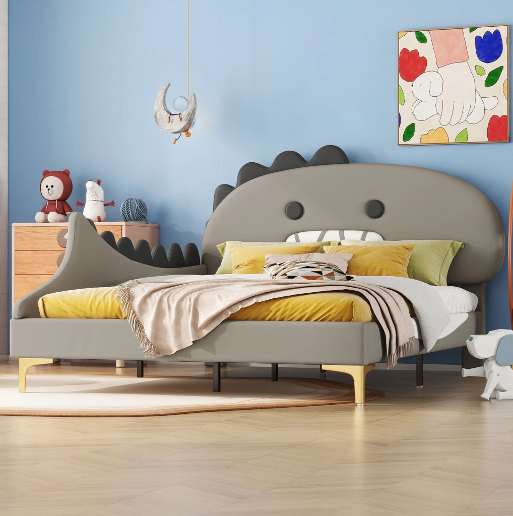 Letto per bambini 140x200 cm; design dinosauro; PU e MDF; grigio