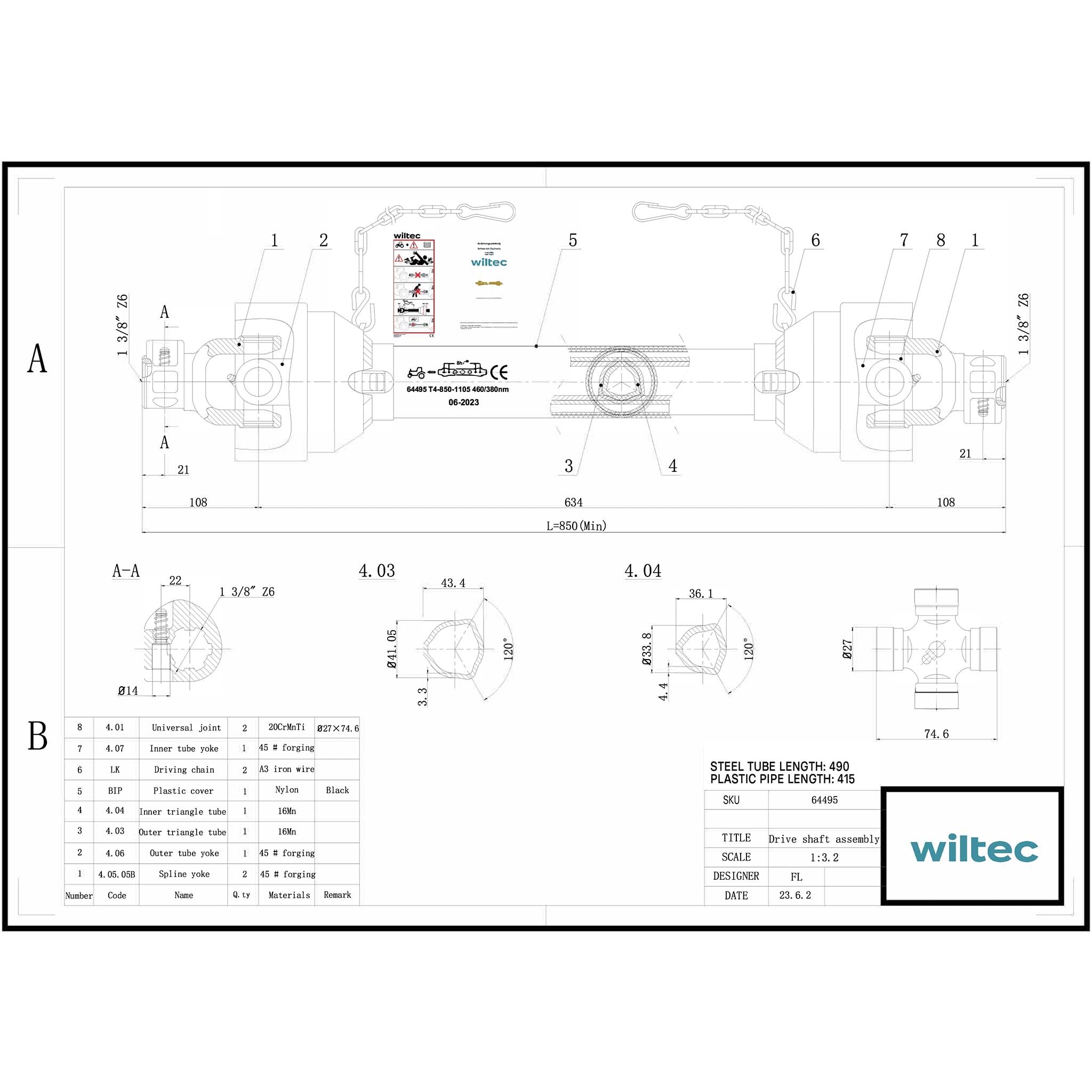 Albero cardanico T4 Giunto cardanico 850-935mm 460Nm 540rpm Cardano 40kW (55CV) 2x 1 3/8" 6 denti