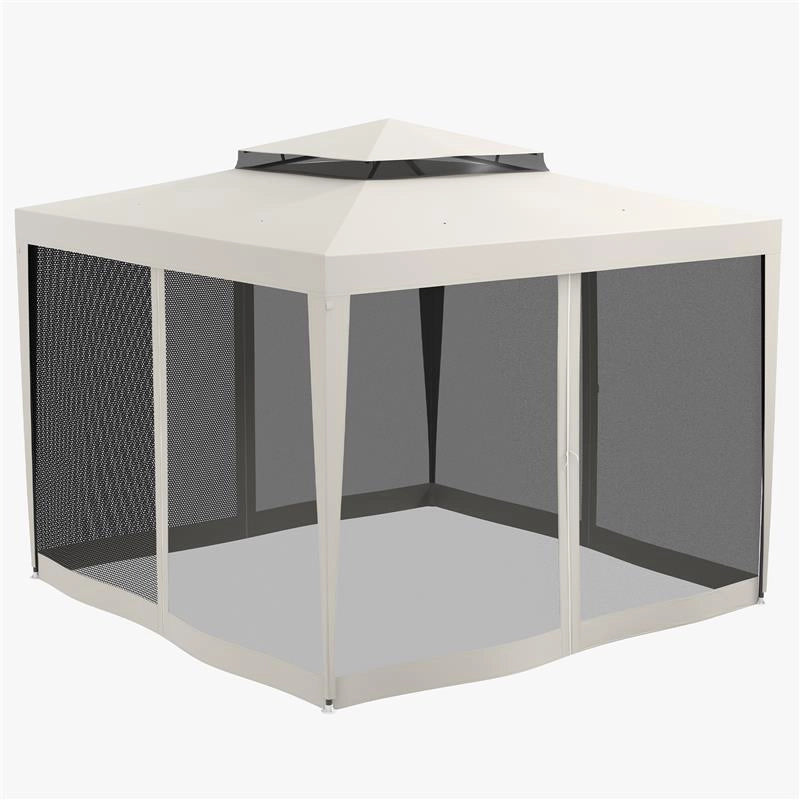 GAZEBO DA GIARDINO 3X3 M CON ZANZARIERA DOPPIO TETTO E 8 FORI IN ACCIAIO E POLIESTERE BIANCO CREMA