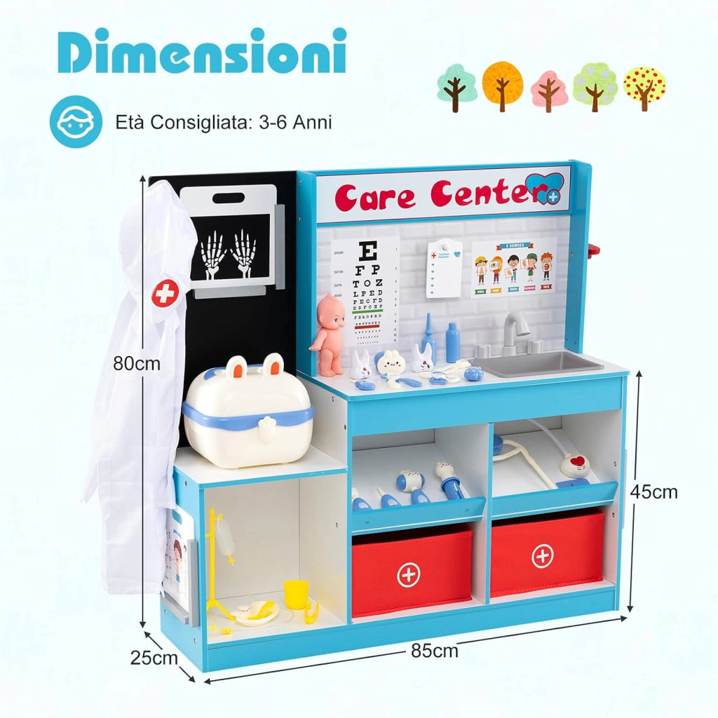 Set Gioco Dottore per Bambini, Gioco di Ruolo Medico in Legno con Stetoscopio, Radiografie, Monitor ECG, Tabella Oculistica e 29 Accessori, Medico Giocattolo per Bambini 3+ Anni (Blu)