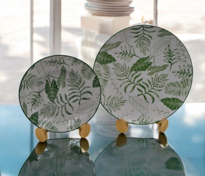 Servizio di Piatti da Tavola in Ceramica Foglie Bordo Verde 12 Pezzi