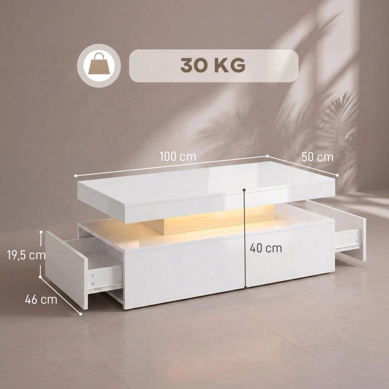 Tavolino basso con LED RGB, 2 cassetti e vano contenitore, per soggiorno e gaming, bianco lucido 100 × 50 × 40 cm