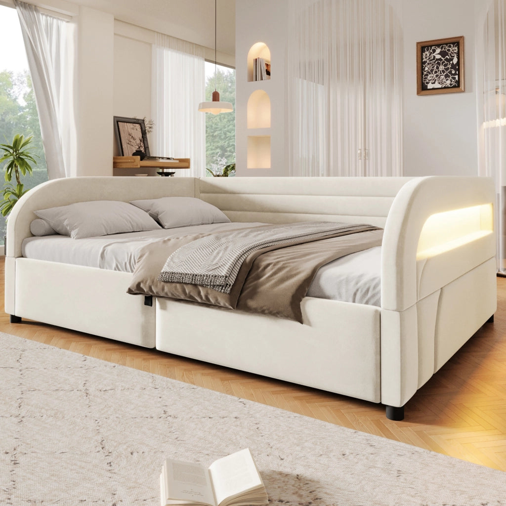 Letto Contenitore 140x200 cm con Rialzo Idraulico e Luce a LED; Beige